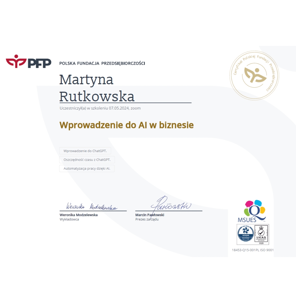 certyfikat wprowadzenie do ai w biznesie